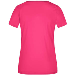 A pink short-sleeved t-shirt with a simple design and a branding logo on the back.