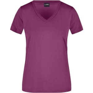 A women's V-neck T-shirt in a rich plum colour, featuring short sleeves and a simple design. It has a branding logo.