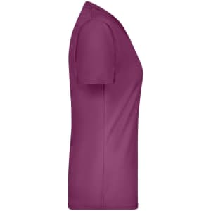 A side view of a ladies' active t-shirt in a vibrant plum colour, featuring a logo on the fabric.