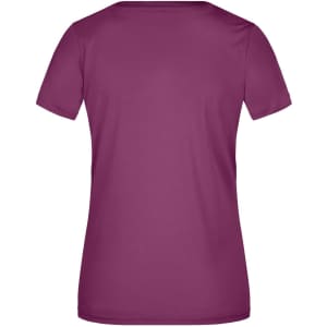A women's short-sleeved T-shirt in a deep purple colour, featuring a plain back and a logo.