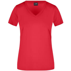 A red V-neck T-shirt for ladies, featuring short sleeves and a fitted design. It has a brand logo on the label.