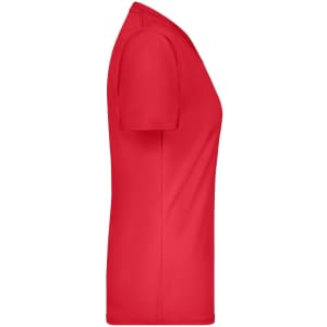 A red ladies' t-shirt displayed from the side, featuring a fitted design and short sleeves. It includes branding.