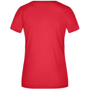 A red ladies' short-sleeve T-shirt with a smooth fabric and a logo on the back.