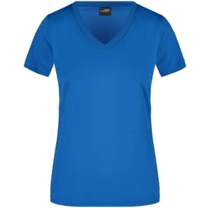 A blue V-neck T-shirt for women, featuring a standard fit and logo branding.