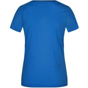 A blue ladies' T-shirt with a standard crew neck and short sleeves, featuring a logo on the back.