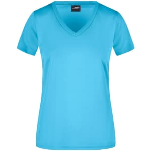 A ladies' V-neck T-shirt in vibrant blue, featuring short sleeves and a logo.