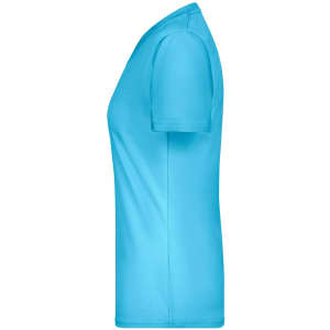 A side view of a ladies’ T-shirt in bright blue, featuring a smooth fabric texture and short sleeves. It has a logo.