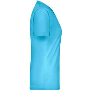 A side view of a ladies' T-shirt in bright blue, featuring a fitted design and short sleeves. It has a logo.