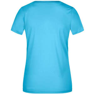 A light blue ladies' T-shirt featuring a fitted design and short sleeves. It has a logo on the back.