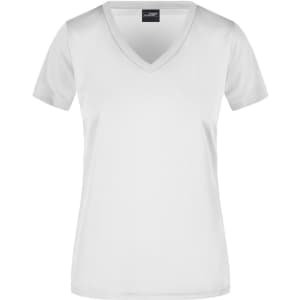 A white ladies' T-shirt with a V-neck and short sleeves, featuring a branding logo.