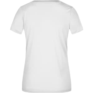 A white ladies' active t-shirt with a fitted design and short sleeves, featuring a logo on the back.