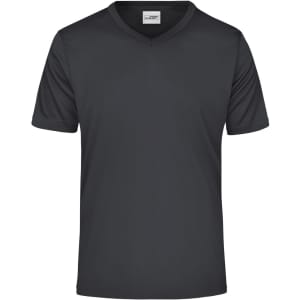 A short-sleeve men's active t-shirt in dark grey with a v-neck design and a logo on the label.