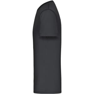 A black men's active T-shirt in a side view, featuring short sleeves and a fitted design. It has a logo on the fabric.