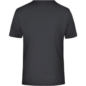A black T-shirt with a plain back design, featuring a logo on the neckline.