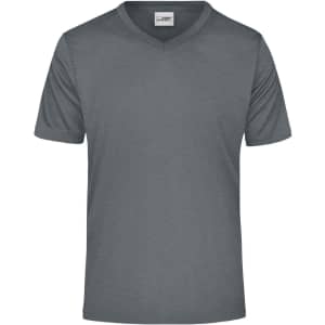 A grey men's T-shirt with a V-neck design and short sleeves. It features a logo on the upper area.