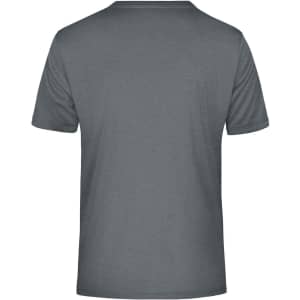 A grey men's T-shirt featuring a simple design and a logo on the back.