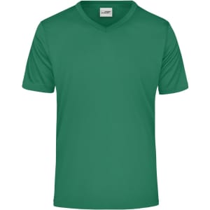 A green men's active t-shirt with a V-neck design and a logo on the label.