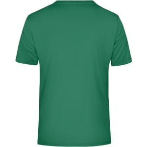 A green men's t-shirt with a plain back and a logo on the neckline.