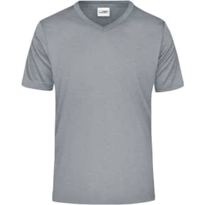 A grey men's T-shirt with a V-neck design and short sleeves, featuring a logo.