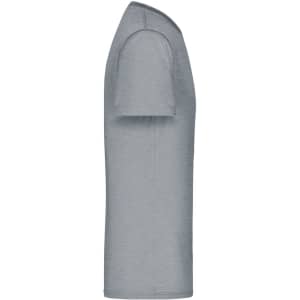 A grey men's t-shirt with short sleeves and a smooth texture, featuring a logo on one side.