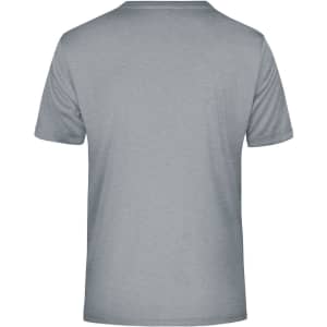 A grey men's t-shirt with a plain back and short sleeves, featuring a logo on the fabric.