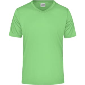 A short-sleeved, v-neck t-shirt in bright green, featuring a logo on the chest.