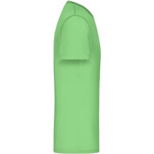 A side view of a short-sleeved, vibrant green T-shirt with a logo.