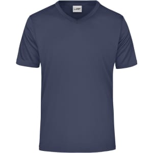 A navy blue men's t-shirt with a v-neck design and a small logo on the front.