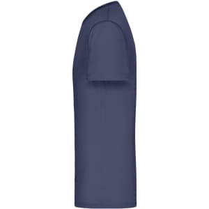 A navy blue men's active T-shirt displayed from the side, featuring short sleeves and a simple design with a logo.