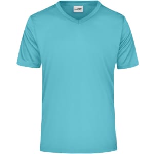 A turquoise men's active T-shirt with a V-neck and short sleeves, featuring a logo.