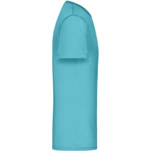 A turquoise men's T-shirt with short sleeves, featuring a logo on the side view.