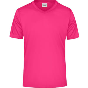 A vibrant pink men's T-shirt with a V-neck design and short sleeves, featuring a logo on the label.