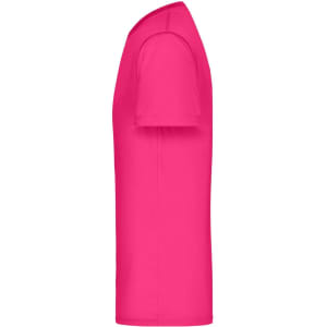 A side view of a bright pink men's T-shirt featuring a logo. The shirt has short sleeves and a classic cut.