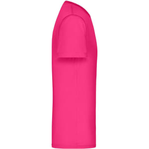 A vibrant pink t-shirt with a crew neck and short sleeves, featuring a logo on the side.