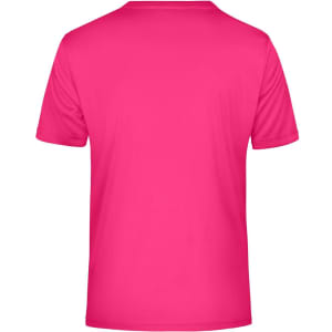 A pink men's active T-shirt featuring a plain back design and branding logo.
