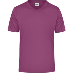 A short-sleeve, v-neck men's active t-shirt in a vibrant magenta colour. The shirt features a branding logo.
