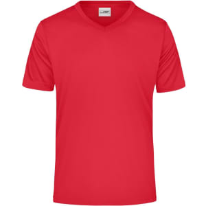 A red V-neck T-shirt with short sleeves, featuring a simple design and a logo on the label.