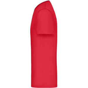 A red men's active T-shirt displayed from the side, featuring short sleeves and a simple design. It has a logo.