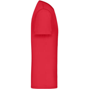 A red men's active t-shirt displayed from the side, featuring a smooth fabric texture and a logo.