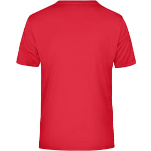 A red men's active T-shirt with a plain back view, featuring a logo.