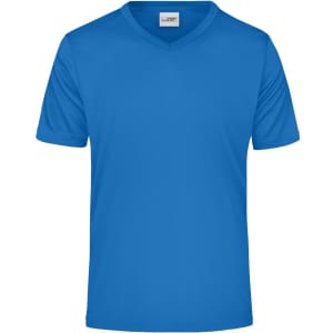 A blue men's active V-neck t-shirt with short sleeves and a logo.