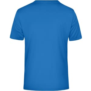 A blue men's T-shirt with a round neck and short sleeves, featuring a logo on the back.