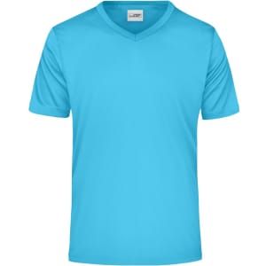 A light blue men's active t-shirt with a v-neck design and short sleeves. It features a logo.