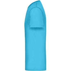 A blue men's T-shirt featuring a round neckline and short sleeves, with a logo on the side.