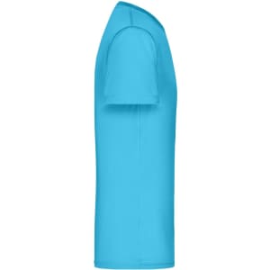 A side view of a short-sleeved men's T-shirt in vibrant blue, featuring a simple design and a logo.