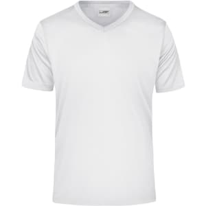A plain white V-neck men's T-shirt featuring short sleeves and a logo on the label.