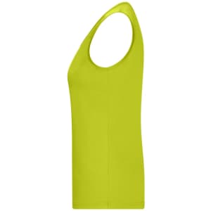 A bright lime green ladies active tank top with a sleeveless design and a round neckline. It features a logo.
