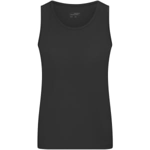 A black active tank top featuring a fitted design and a rounded neckline. It has a logo on the label.