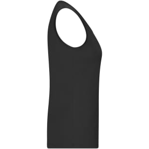 A black ladies active tank top featuring a sleeveless design and a fitted silhouette. It includes a logo.