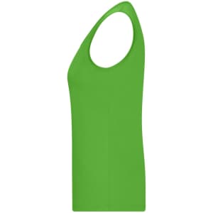 A green ladies active tank top with a sleeveless design and a fitted silhouette. It has a logo on the side.